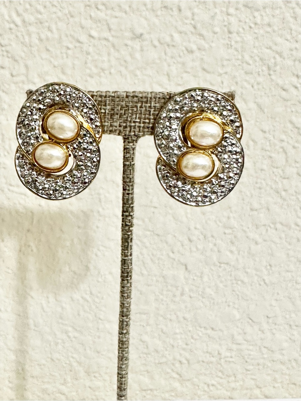 Vintage Gold-Plated Pearl and Crystal Stud Earrings - Clips